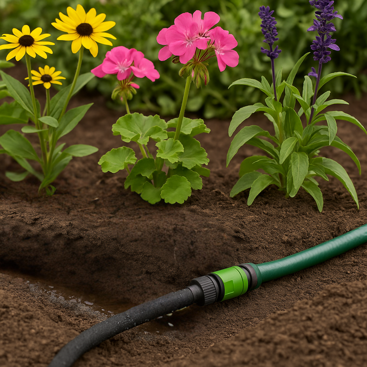 Zwarte tuinslang met groene connector water geeft bruine aarde naast bloemen.