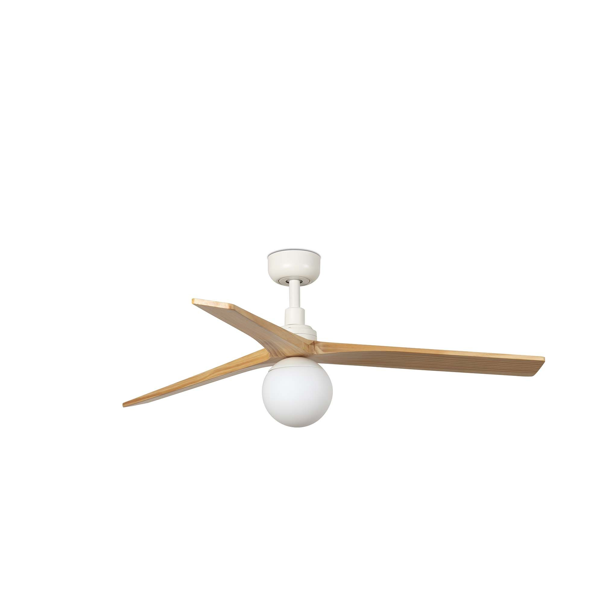 Un ventilatore da soffitto bianco con pale in legno e lampada rotonda.