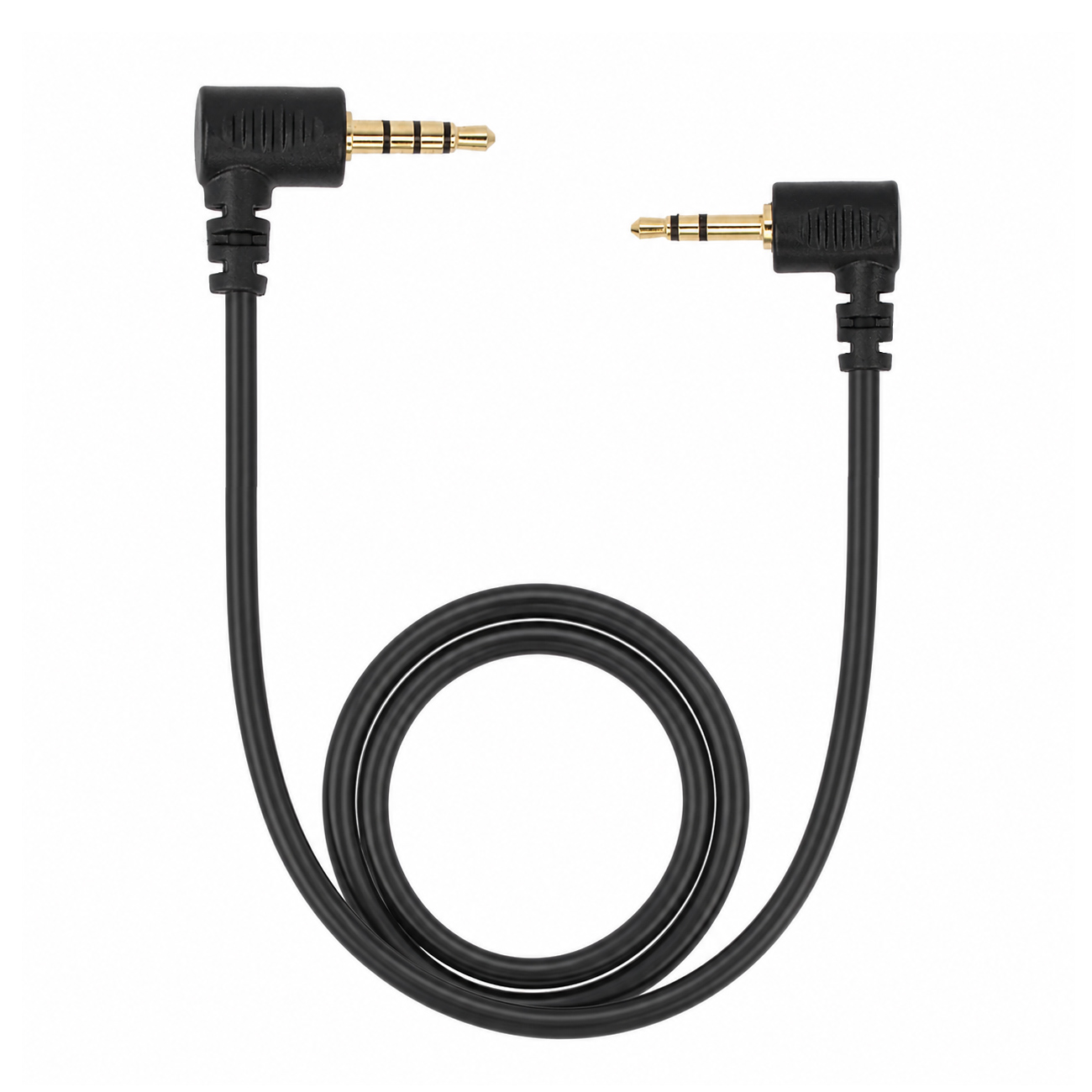 Ein schwarzes Audiokabel mit zwei 90-Grad-3,5-mm-Steckern, mit einem Ring auf dem Kabel.