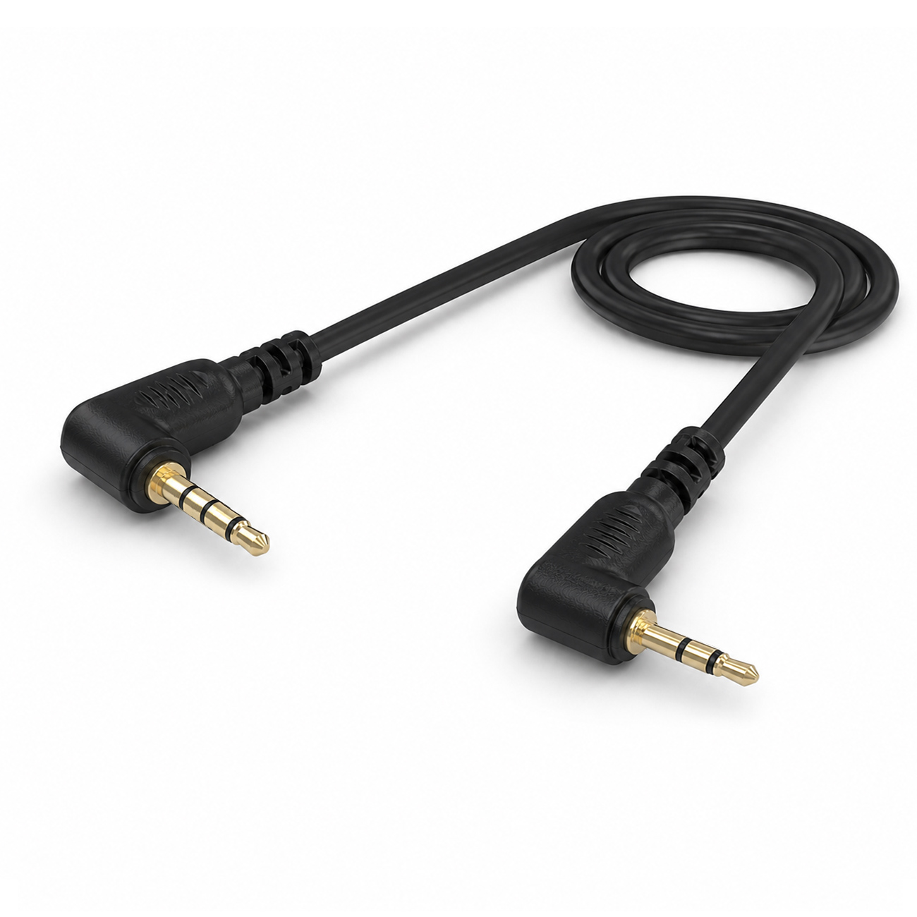 Ein schwarzes Kabel mit zwei gewinkelten 3,5-mm-Steckern.