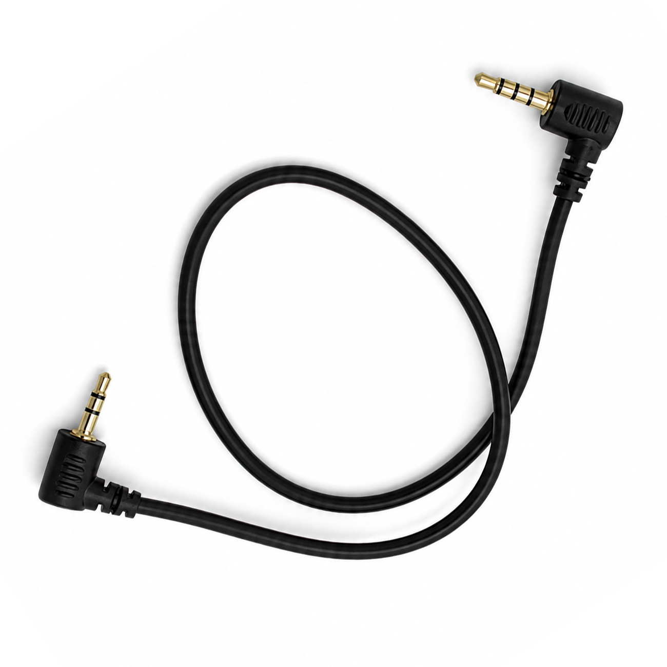 Ein schwarzes Kabel mit zwei abgewinkelten 3,5-mm-Steckern, Goldspitzen.