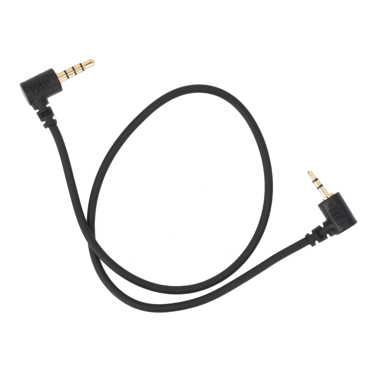 Ein schwarzes Kabel mit 3,5-mm-Steckern an beiden Enden, gewinkelt.