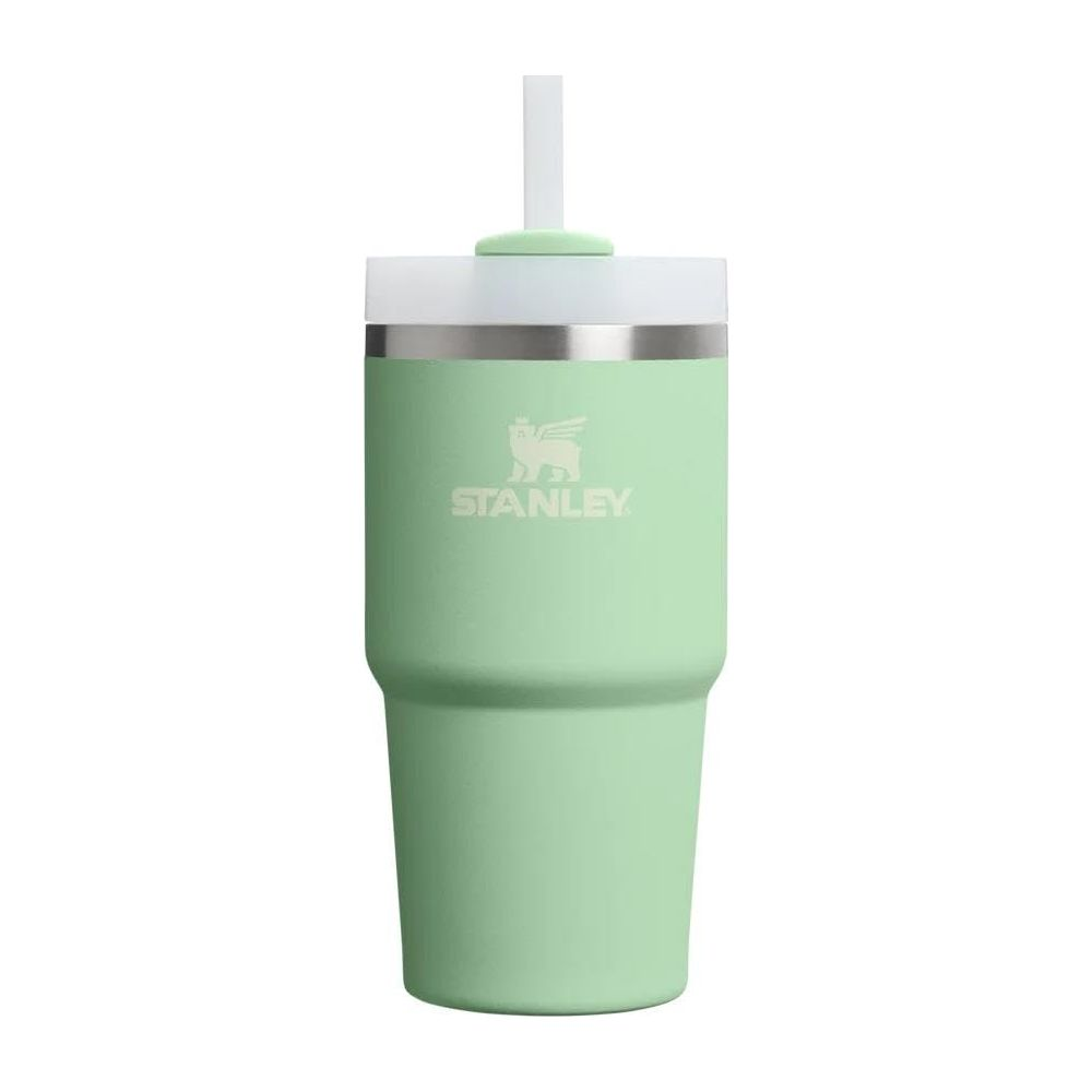 Beyaz kapaklı ve pipetli açık yeşil Stanley kupası.