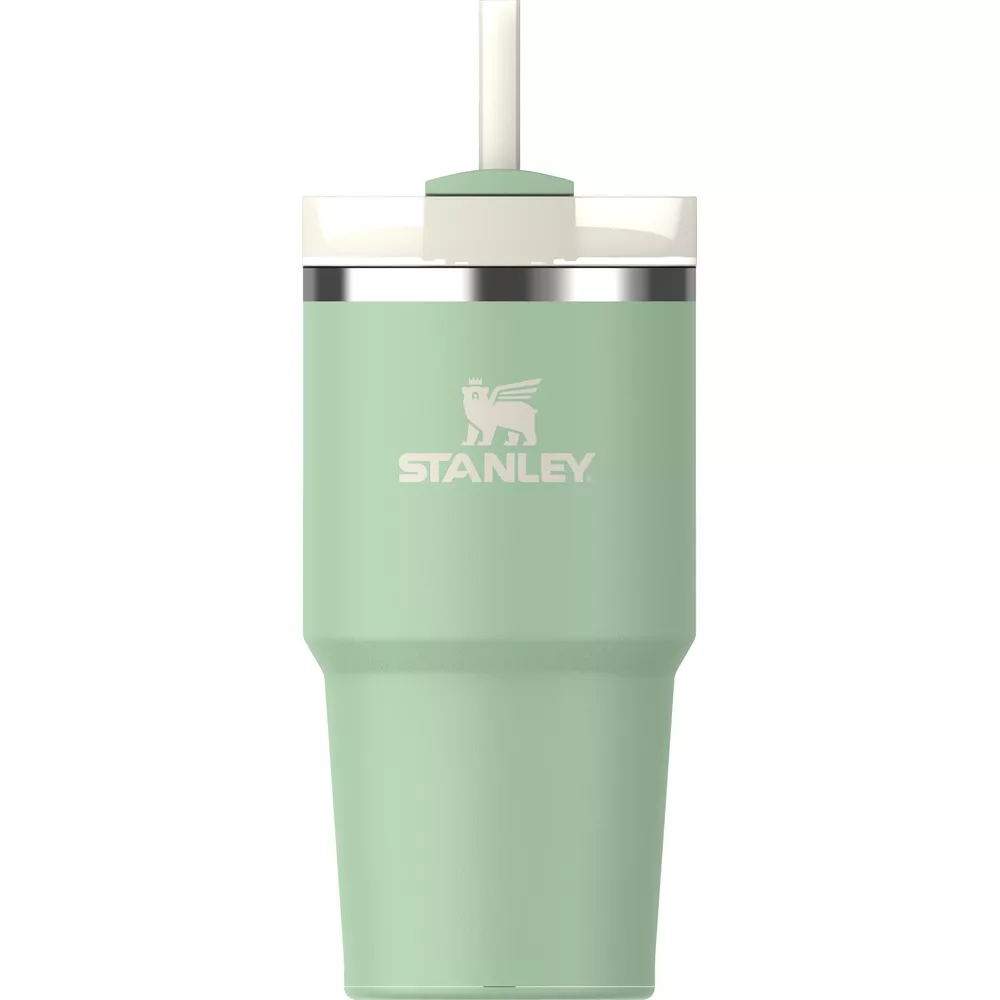Beyaz kapaklı ve pipetli açık yeşil Stanley bardağı.