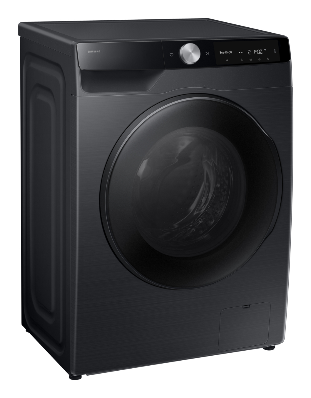 Machine à laver Samsung noire avec porte ronde et écran numérique.