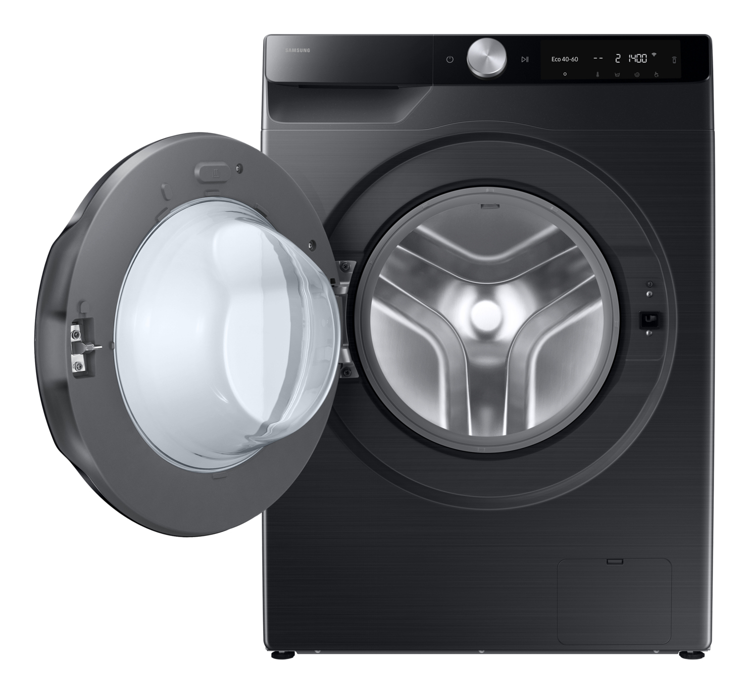 Une machine à laver Samsung noire, porte ouverte, montrant le tambour en acier inoxydable.