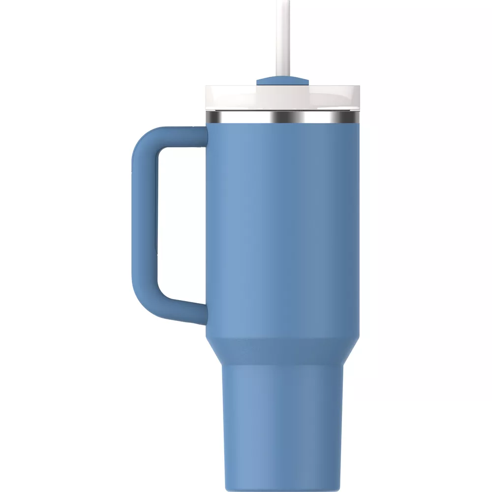 Eine blaue Isolierflasche mit weißem Deckel und Strohhalm, links mit einem Griff.