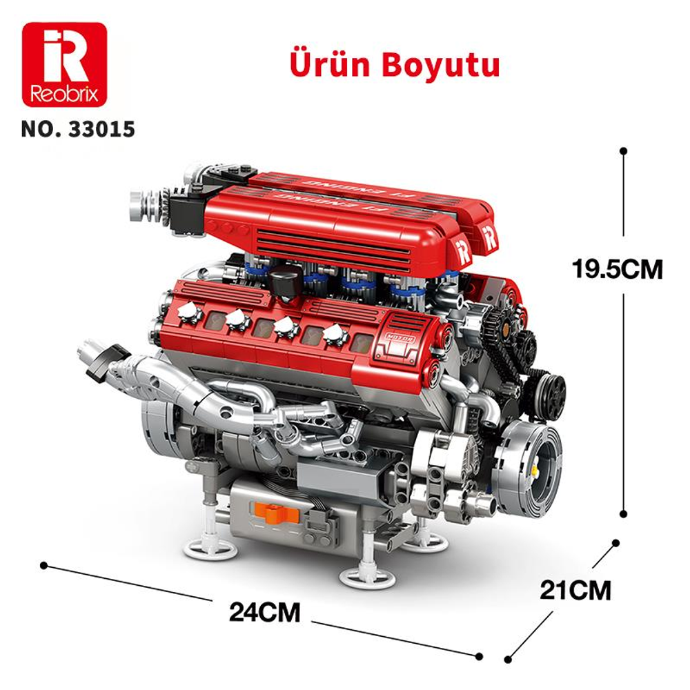 24x21x19,5 cm boyutlarında detaylı kırmızı V8 motor modeli.
