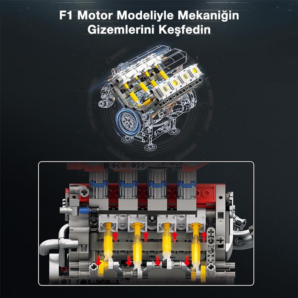 Sarı, gümüş ve kırmızı parçalı detaylı bir F1 motor modeli, iç mekaniği gösteriyor.