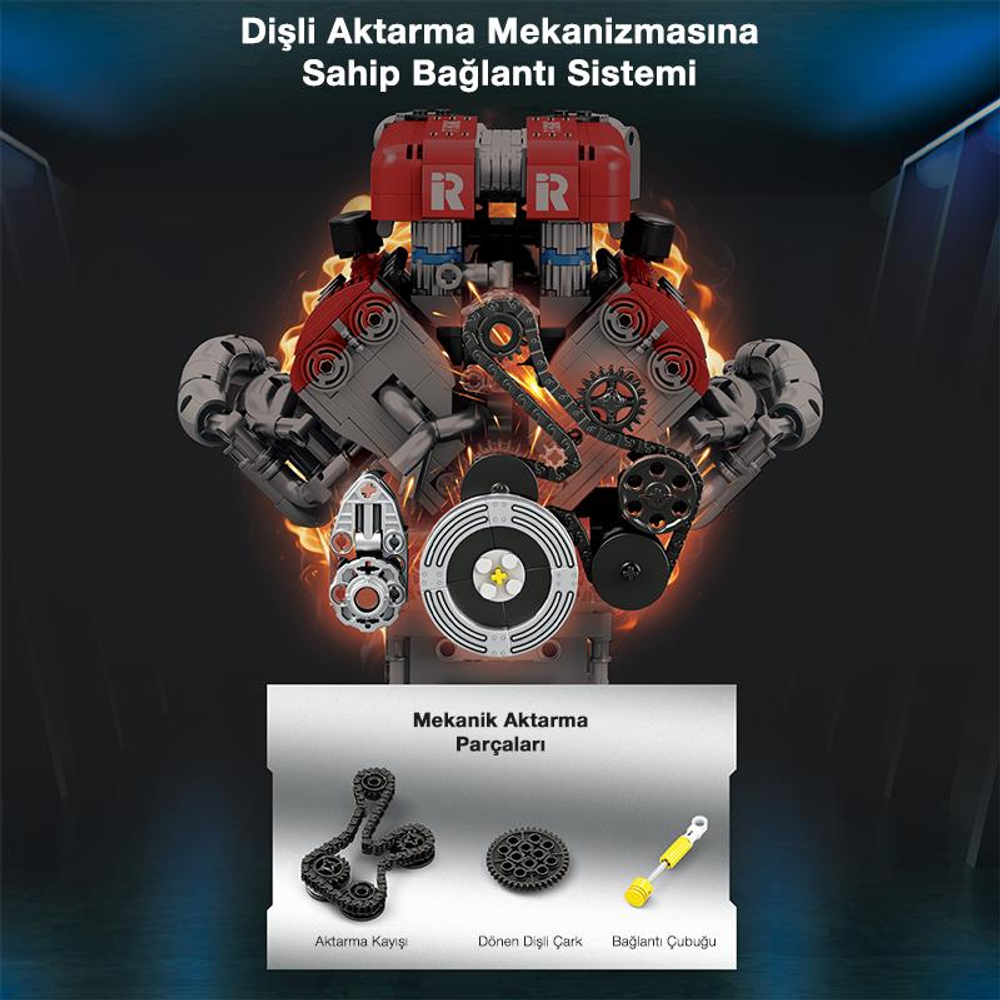 Dişli bir motorun ve ayrı mekanik parçaların ayrıntılı bir modeli.