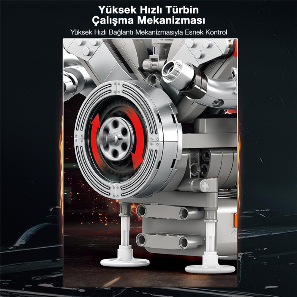 Dönüşü gösteren kırmızı oklarla gümüş model mekanizmasının yakın çekimi.