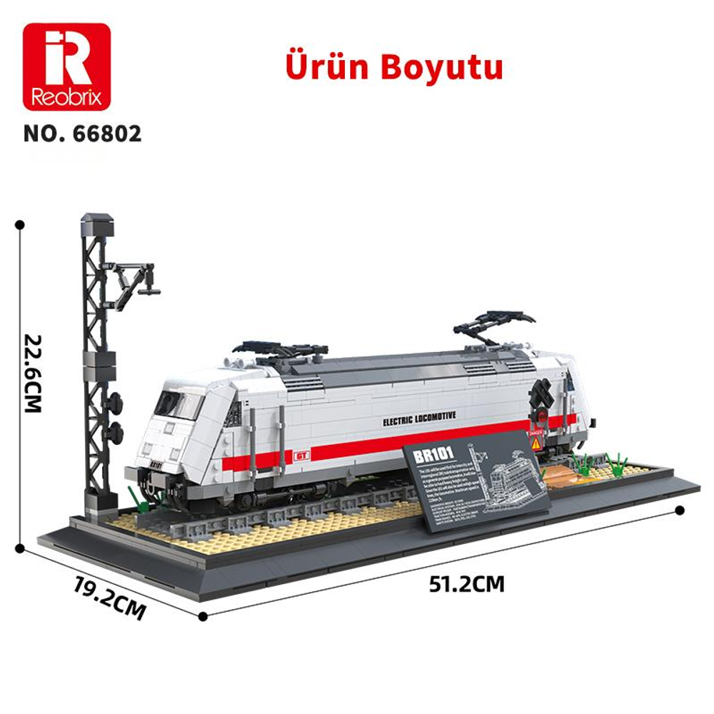 Kırmızı şeritli, direkli beyaz elektrikli lokomotif modeli.