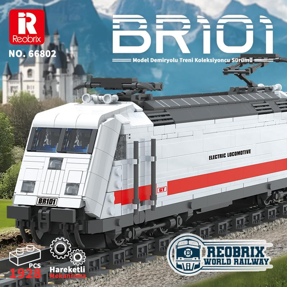 Raylar üzerinde kırmızı şeritli beyaz Reobrix elektrikli lokomotif modeli. Kale arka planda.