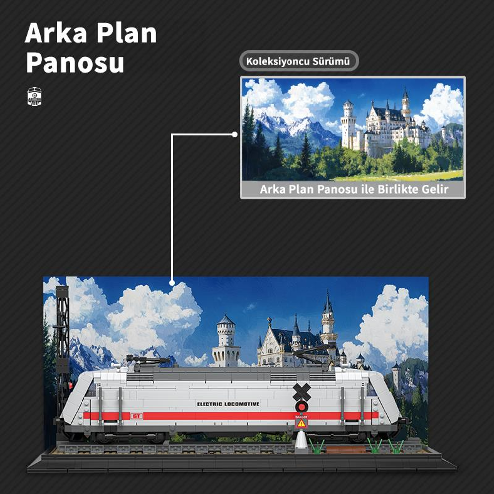 Beyaz bir elektrikli lokomotif modeli, kale ve dağ fonu ile.