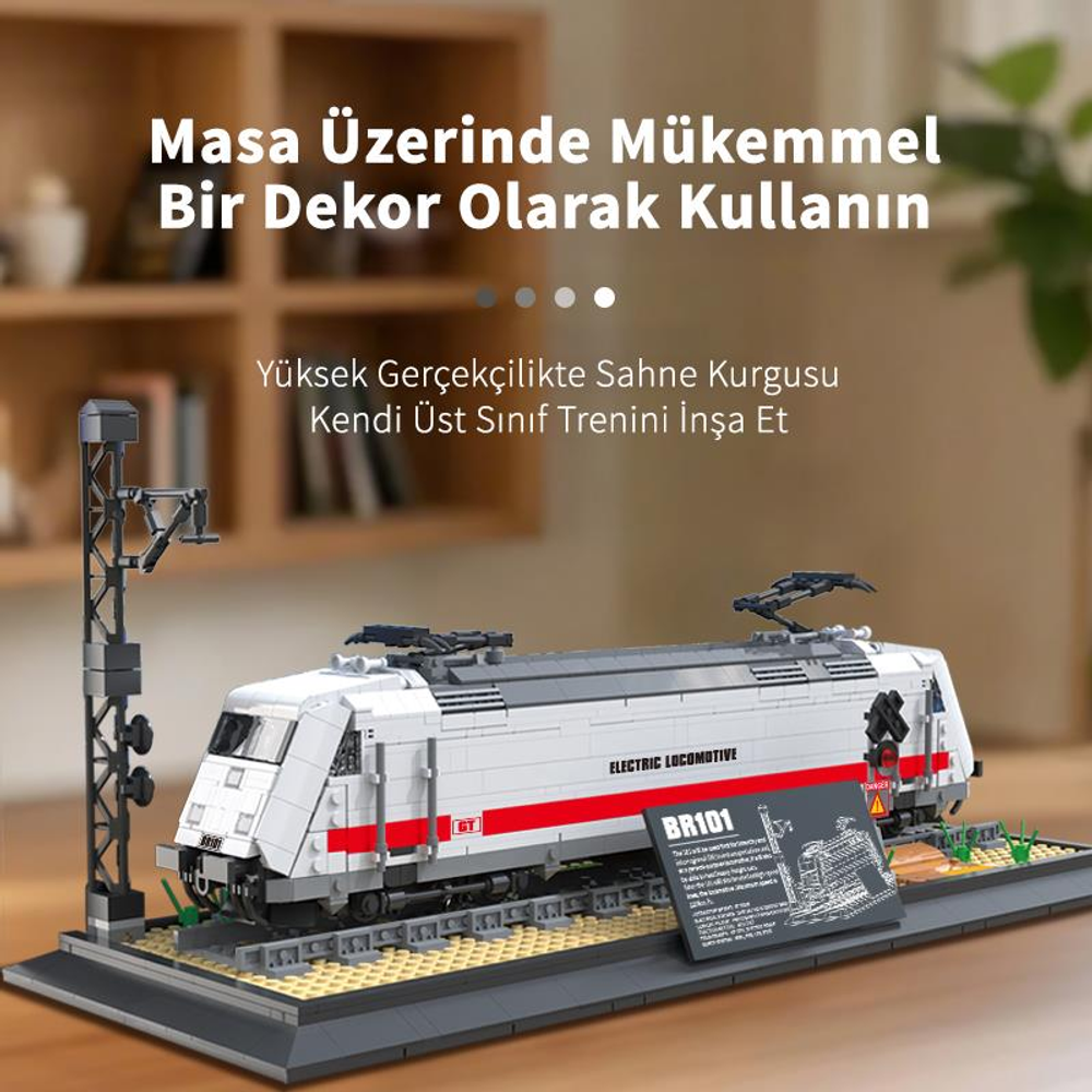 Kırmızı şeritli beyaz bir ICE treninin detaylı modeli, sergileme tabanı üzerinde.