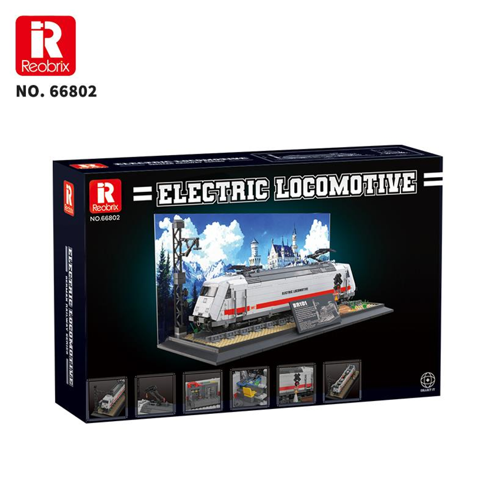 Reobrix elektrikli lokomotif yapım seti kutusu model tren ve manzara içerir.