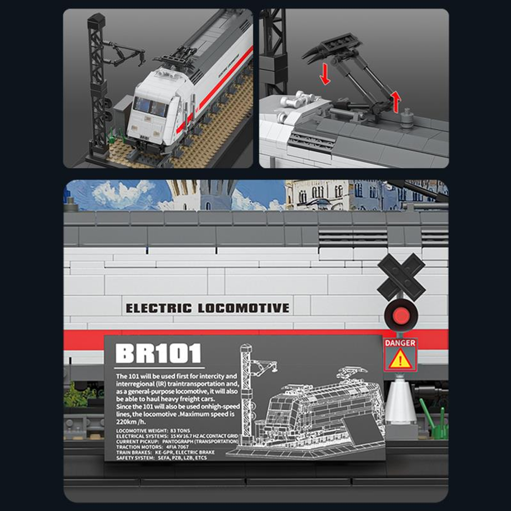 Metin ve teknik detaylara sahip beyaz ve gri tren yapım seti.