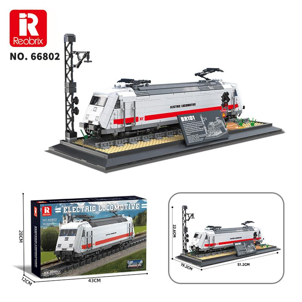 Raylı sergileme tabanı üzerinde beyaz ve kırmızı Reobrix elektrikli lokomotif modeli.