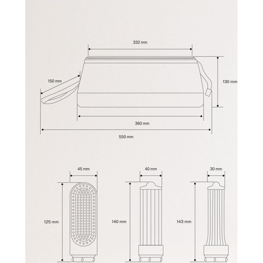 Dibujo técnico de un neceser con dimensiones y tres objetos mostrados por separado.