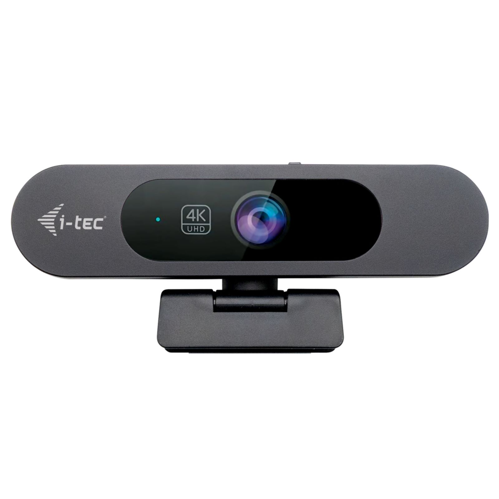 Una webcam 4K UHD grigia con logo i-tec e supporto regolabile.