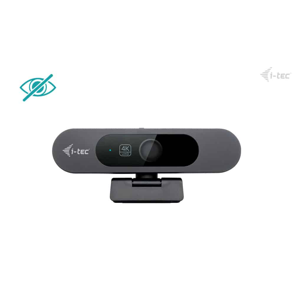 Webcam 4K UHD grigia con simbolo di privacy e logo i-tec.