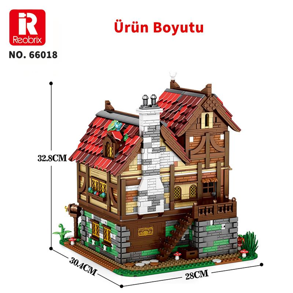 Kırmızı kiremit çatılı ve ahşap vurgulu, çok katlı bir evin detaylı Lego modeli.