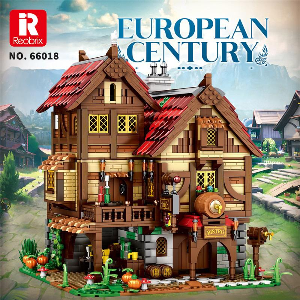 Kırmızı çatılı ve ahşap duvarlı binanın detaylı LEGO modeli.