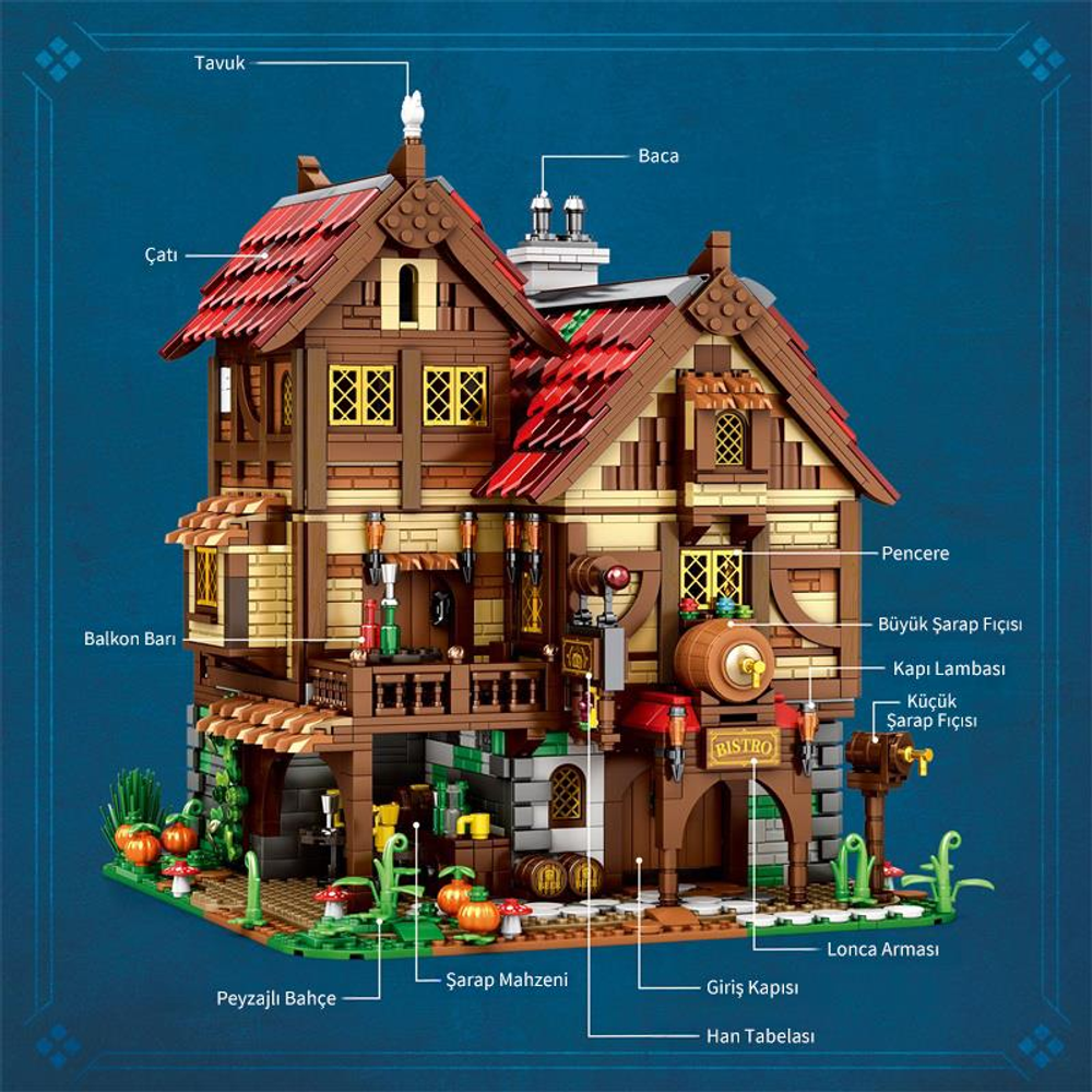 Kırmızı kiremit çatılı ve ahşap vurgulu orta çağ hanının detaylı Lego modeli.