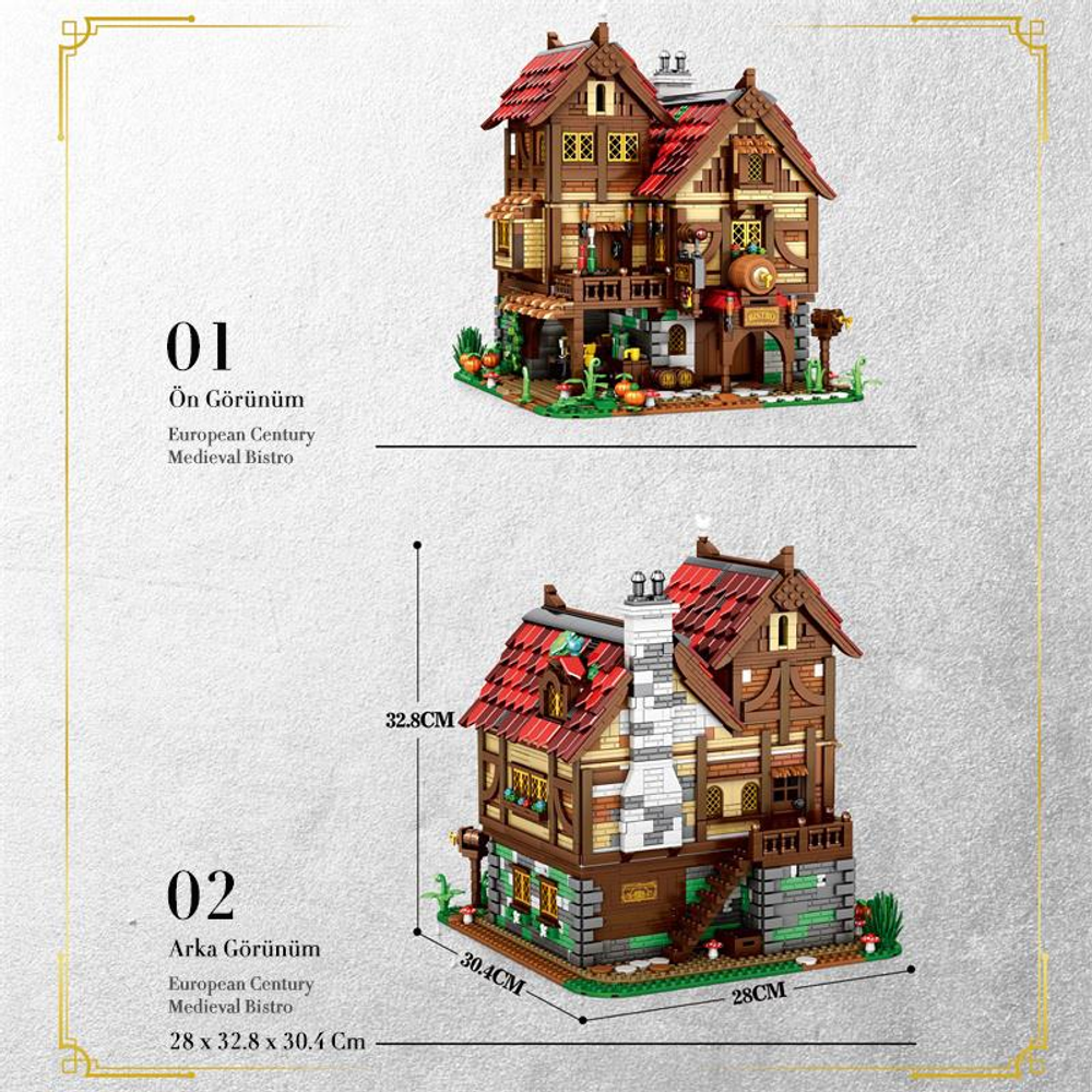 Lego tuğlalarından yapılmış ortaçağ bistro binası, ön görünüm.