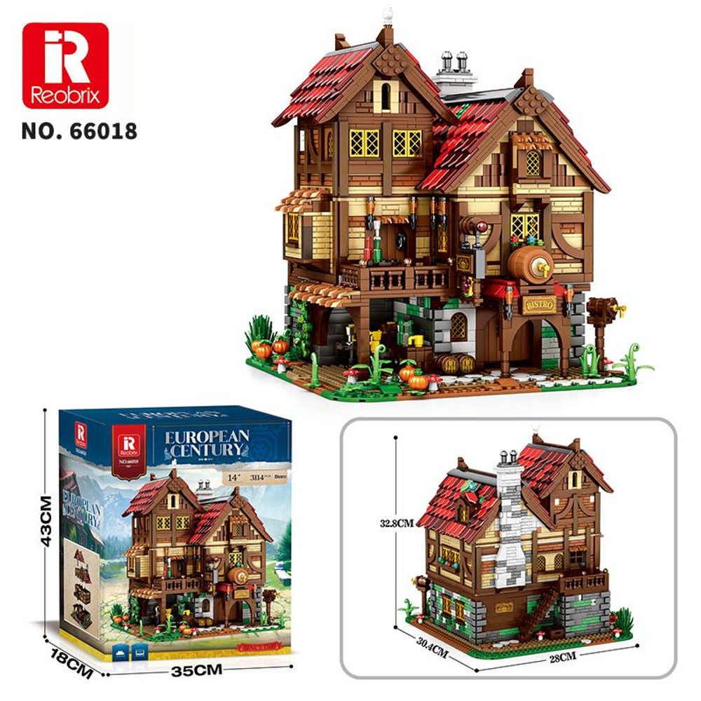 Kırmızı çatılı ve ahşap öğeli detaylı bir yapı taşı model evi.