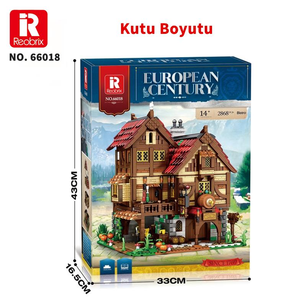 Reobrix yapım seti, bistrolu bir Avrupa kasabası ve boyutlarını gösteriyor.