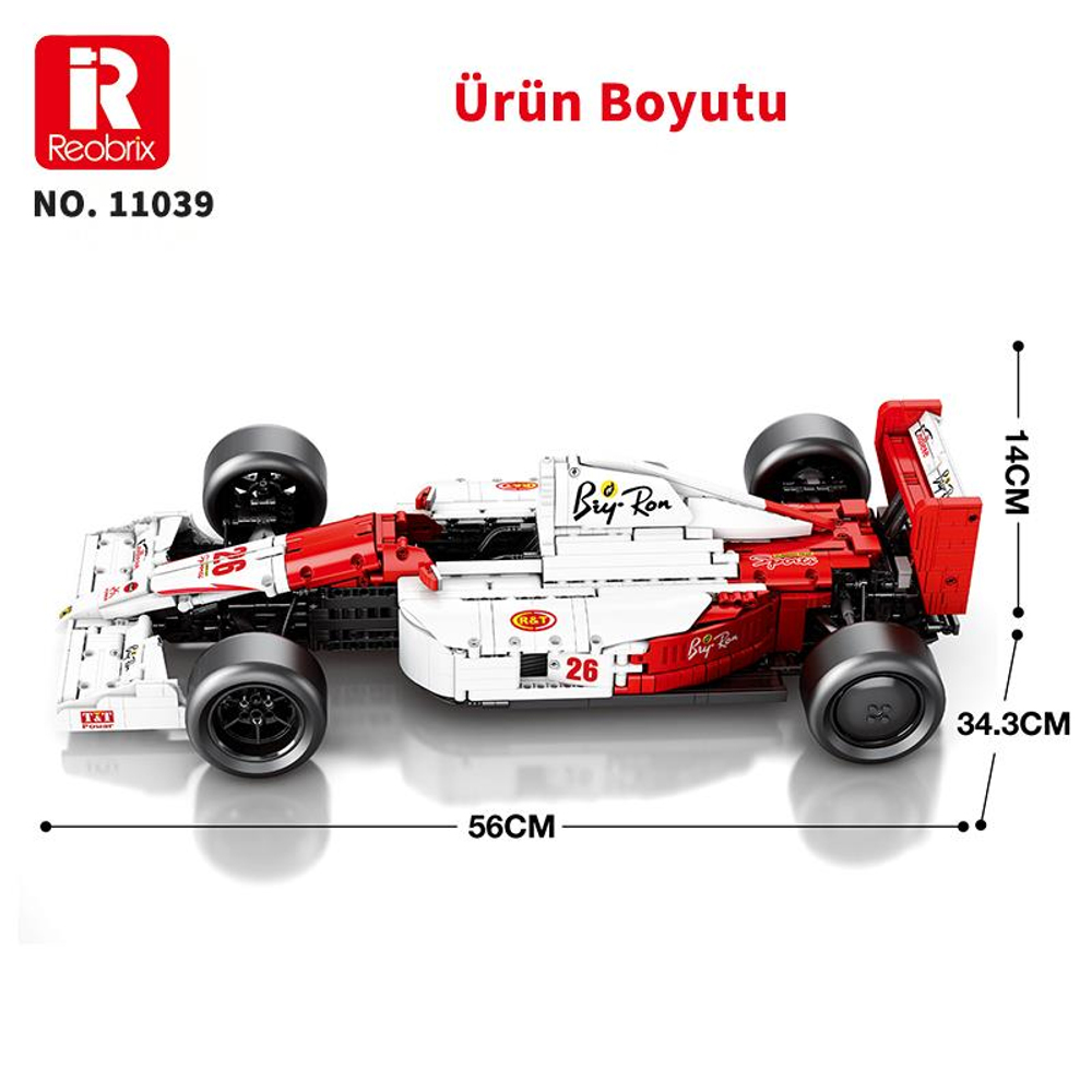 Ölçüleri belirtilmiş beyaz ve kırmızı F1 model araba: 56cm uzunluk, 14cm yükseklik, 34,3cm genişlik.