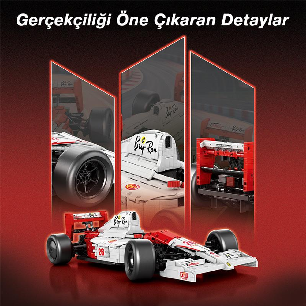 Sponsor logolu beyaz ve kırmızı Formula 1 yarış arabası, koyu arka plan üzerinde.