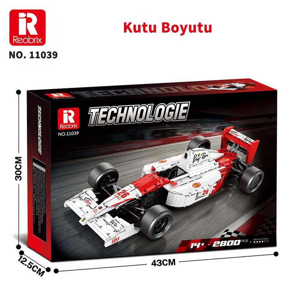 Kırmızı ve beyaz F1 oyuncak araba kutusu, 43x30x12,5cm, 2800 parça.