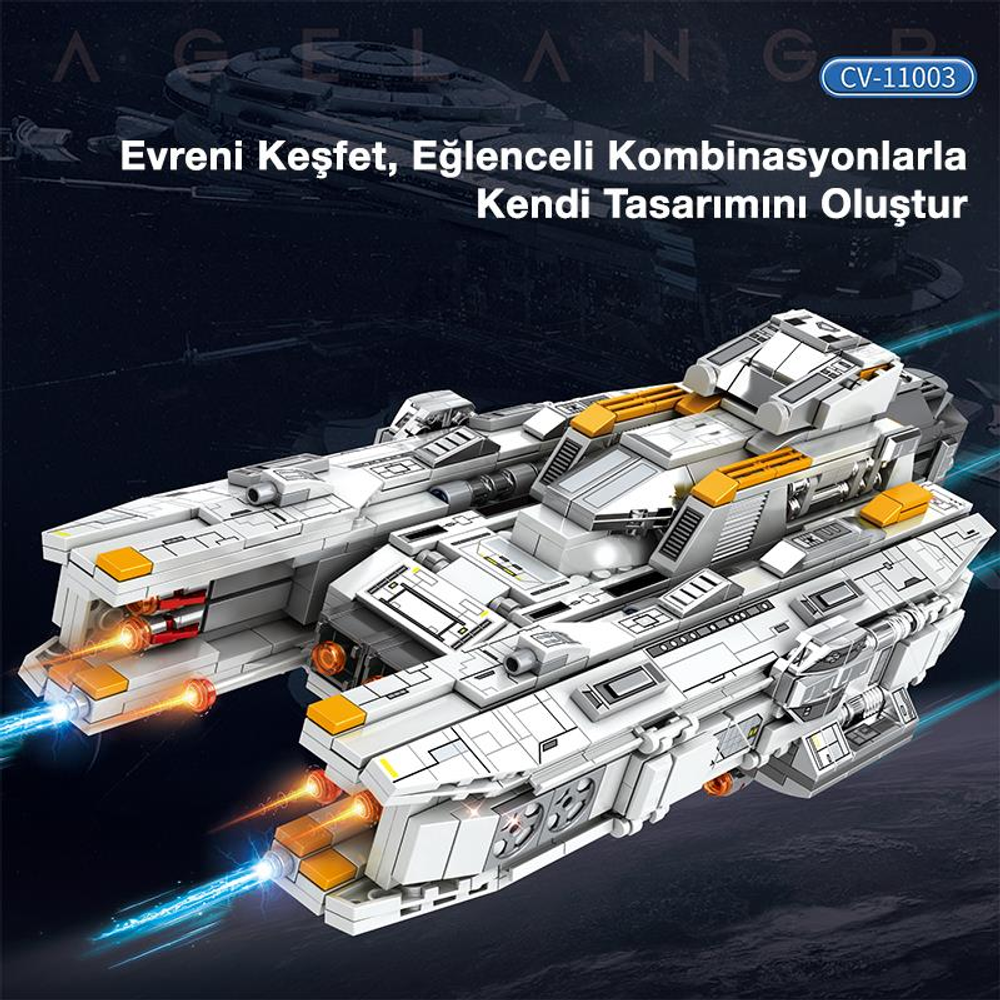Turuncu aksanlı beyaz bir uzay gemisi, motor alevleriyle uzayda uçuyor.