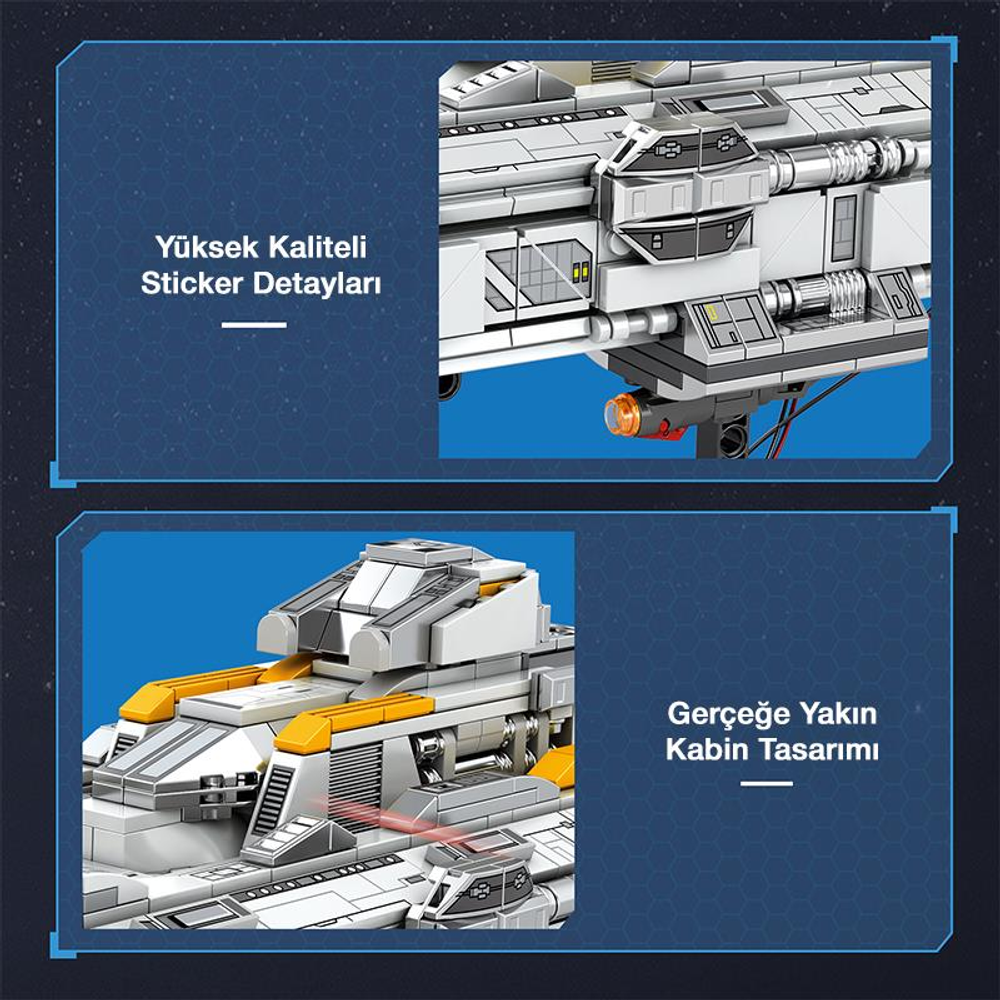 Sarı vurgulu beyaz ve gri uzay gemisi modelinin detaylı görünümleri.