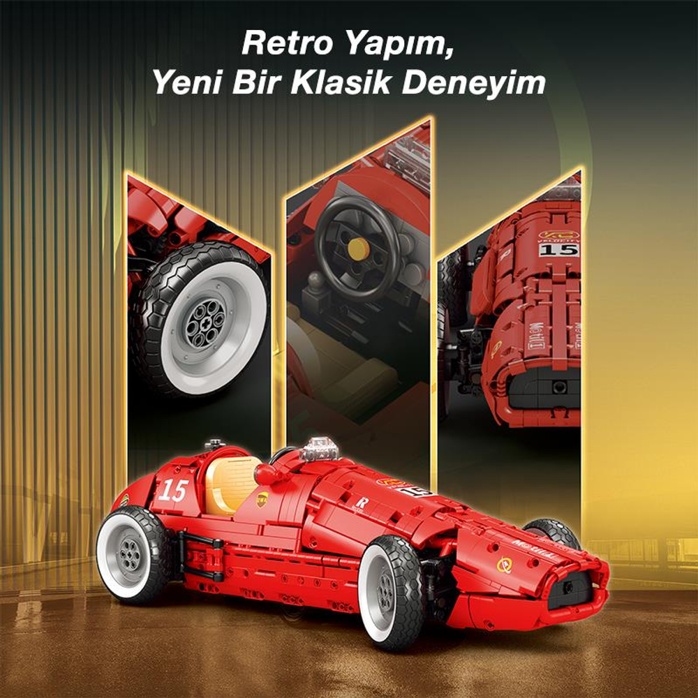 Sarı koltuklu ve beyaz jantlı kırmızı Lego yarış arabası, kahverengi zeminde.