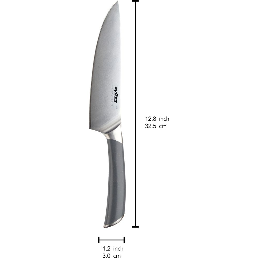 Un couteau de chef avec lame argentée et manche gris, mesure 32,5 cm.