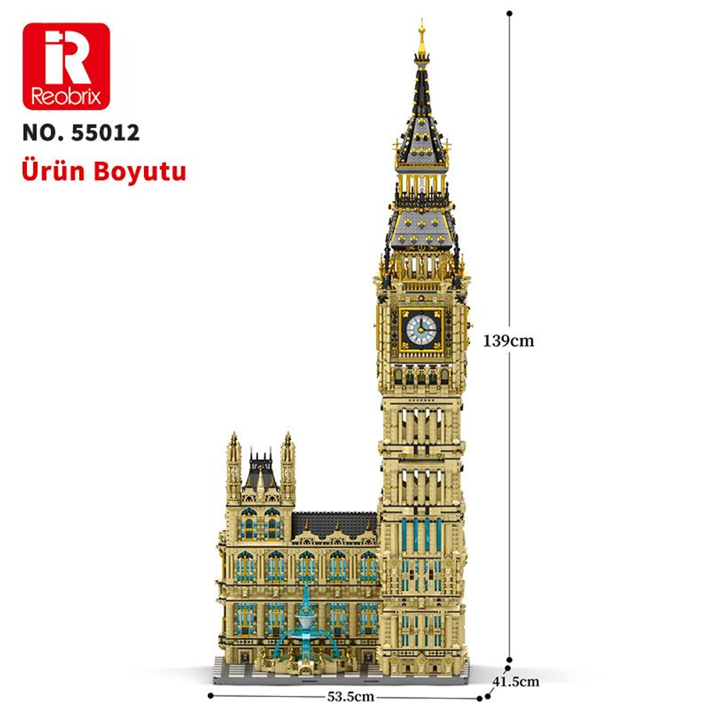Big Ben saat kulesi modeli, 139cm yüksek, 41,5cm geniş, altın renkli bloklardan.