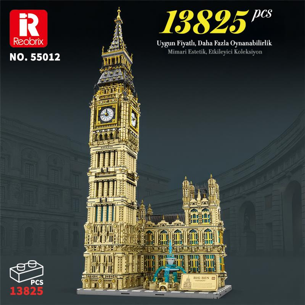 Altın yapı bloklarından yapılmış detaylı Big Ben saat kulesi modeli.