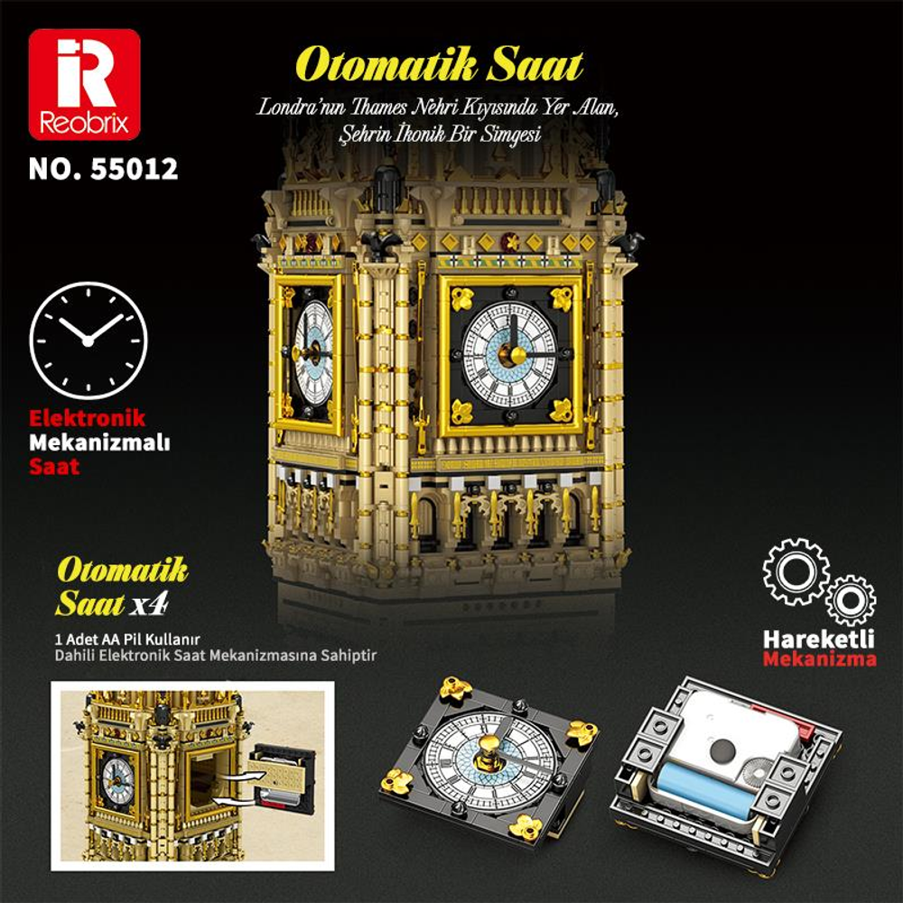 Big Ben'in detaylı Reobrix modeli, saat kadranı ve mekanizma detaylarını gösteriyor.
