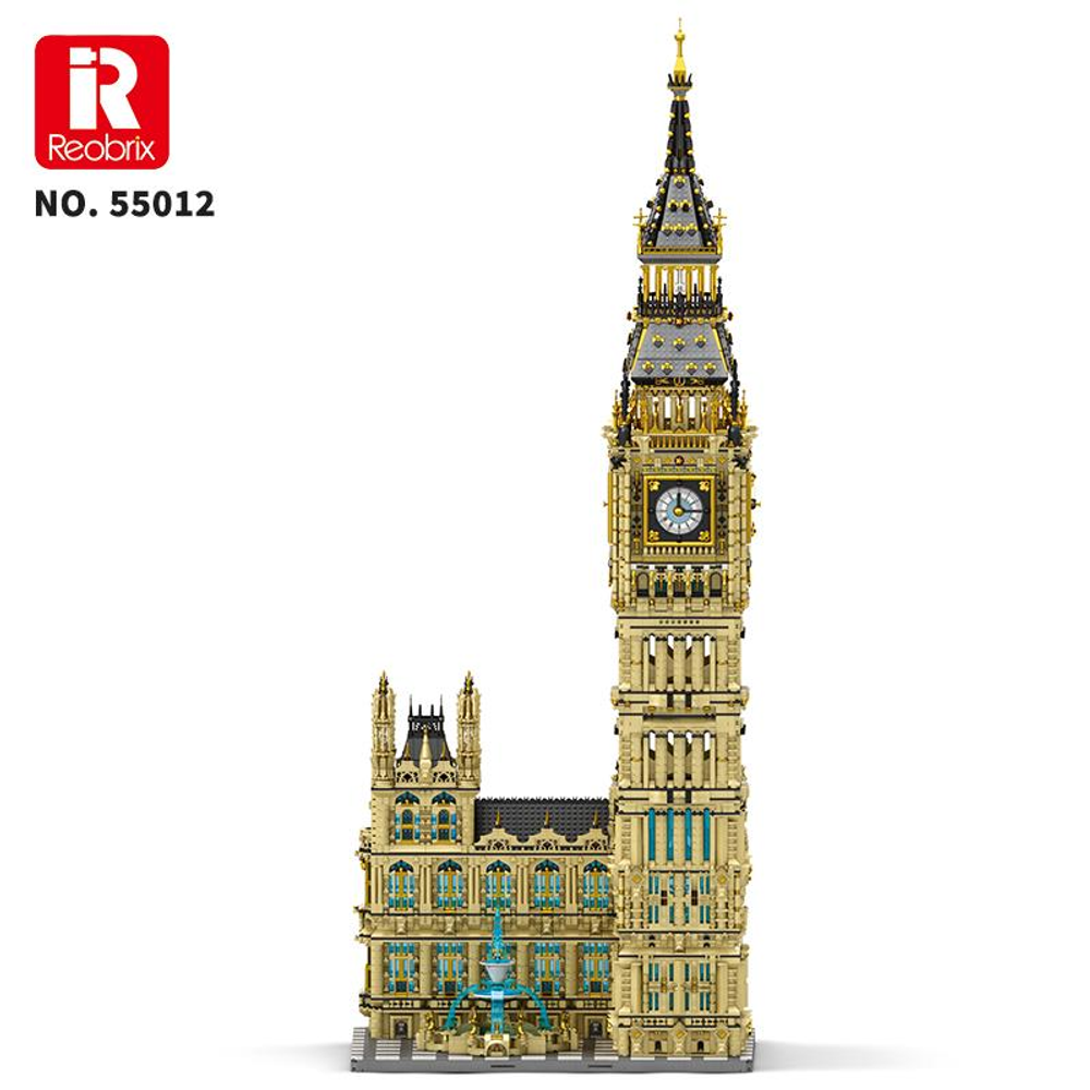 Reobrix Big Ben modeli, karmaşık detaylara sahip yüksek saat kulesi, beyaz arka plana karşı.