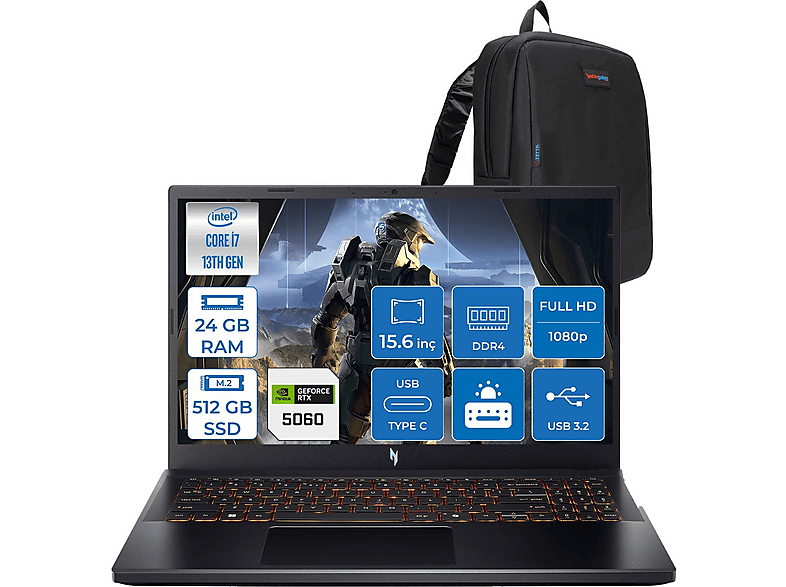 ACER Nitro V15 ANV15 13.nesil  8 GB RTX5060 NHQZAEY001F07 Intel Core i7-13620H 24 GB RAM 512 GB SSD 15,6 inç FreeDOS Laptop+Çanta Siyah
