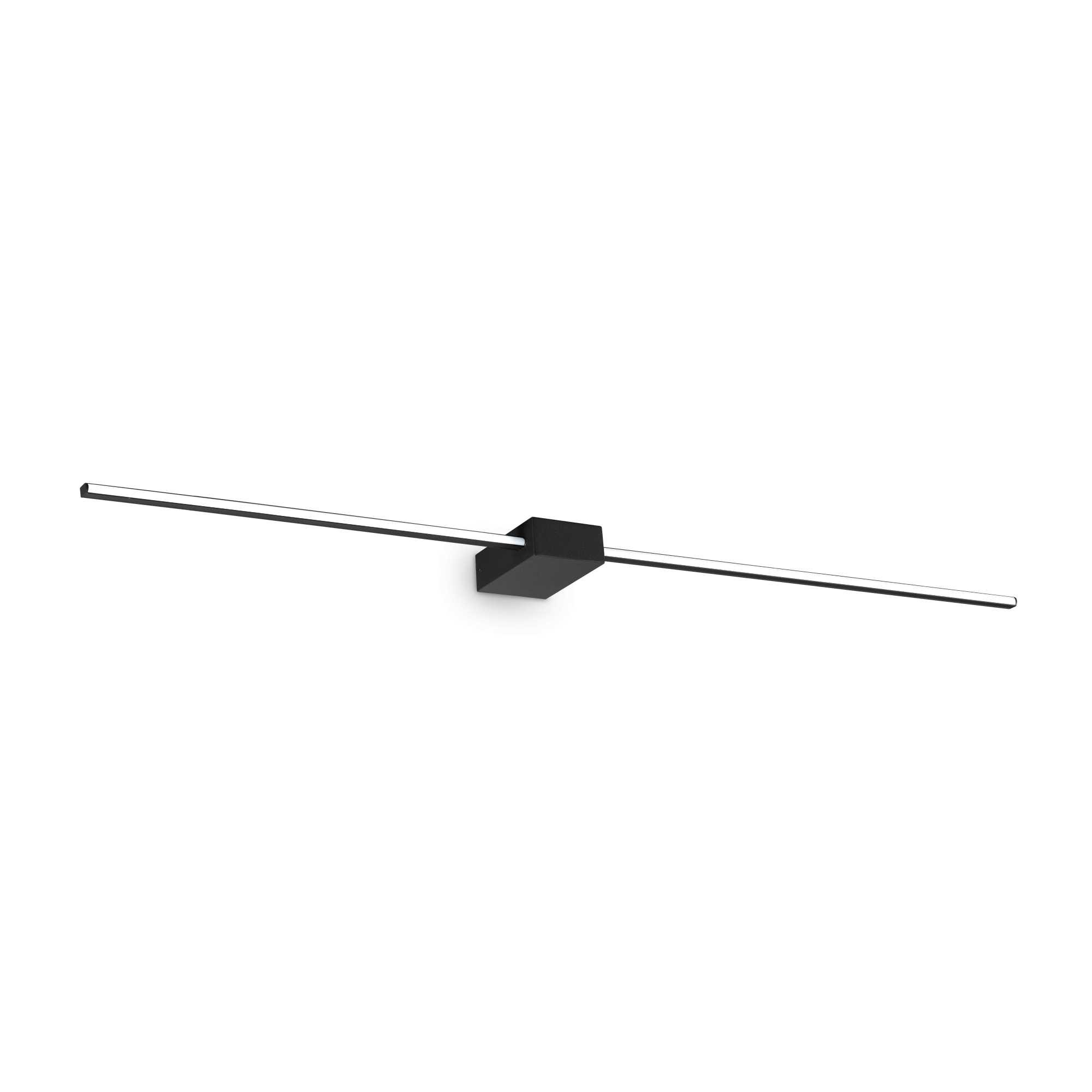 Lampada da parete nera con una lunga e sottile striscia luminosa che si estende orizzontalmente.