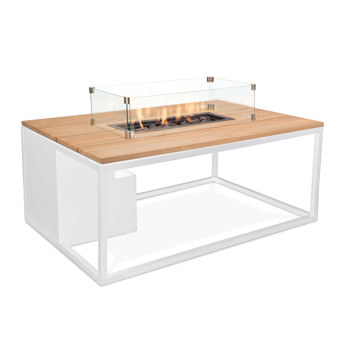 A modern white metal coffee table with a wooden top and a built-in gas fire pit.