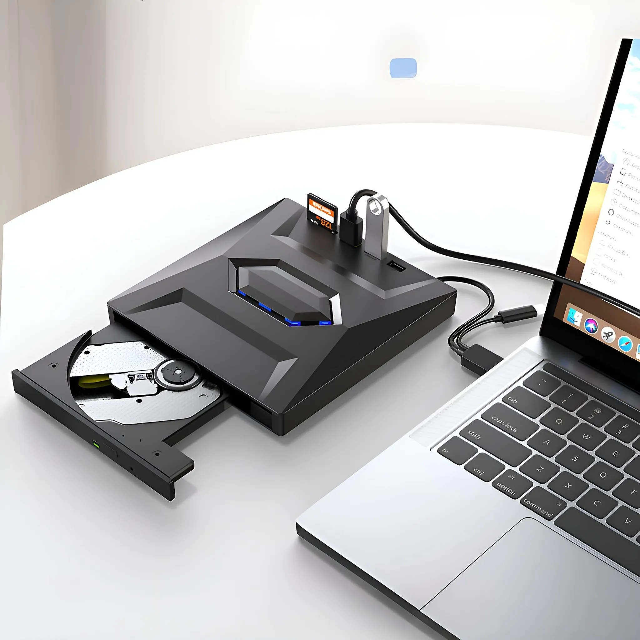 Ein schwarzer USB-C-Hub mit CD-Laufwerk neben einem Laptop.