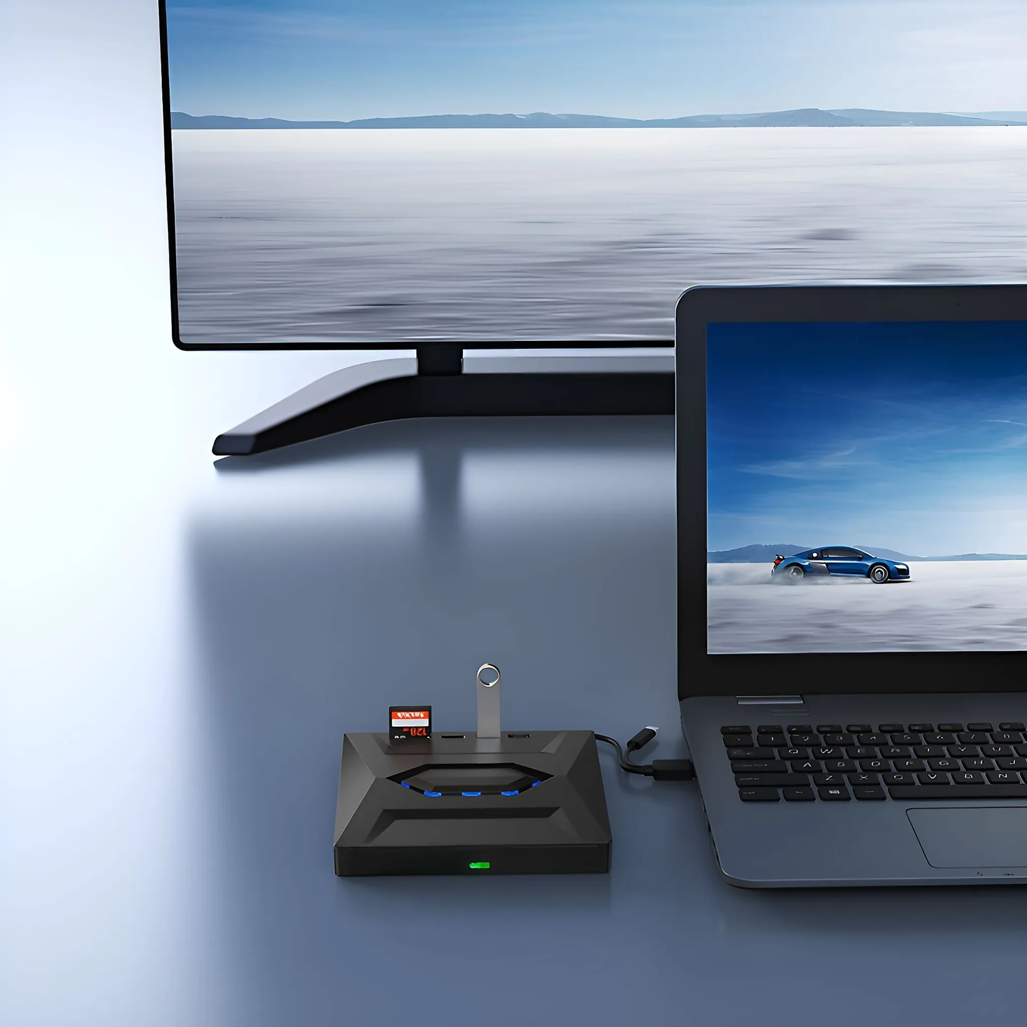 Ein schwarzer Laptop und Monitor stehen auf einem Schreibtisch. Ein Dockingstation mit SD-Karte.