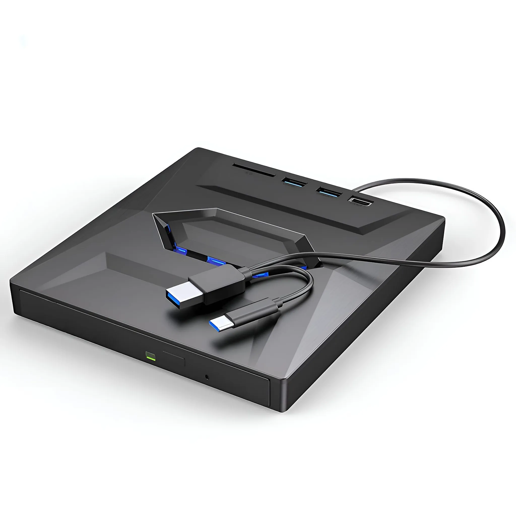 Schwarzer Hub mit angeschlossenen USB-A- und USB-C-Kabeln. Blaue LEDs leuchten.