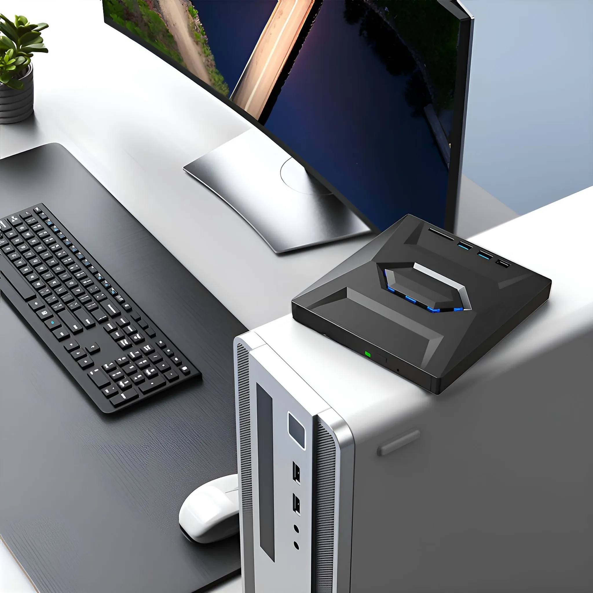 Eine moderne Schreibtisch-Einrichtung mit gekrümmtem Monitor, Tastatur, Maus und Computerturm.