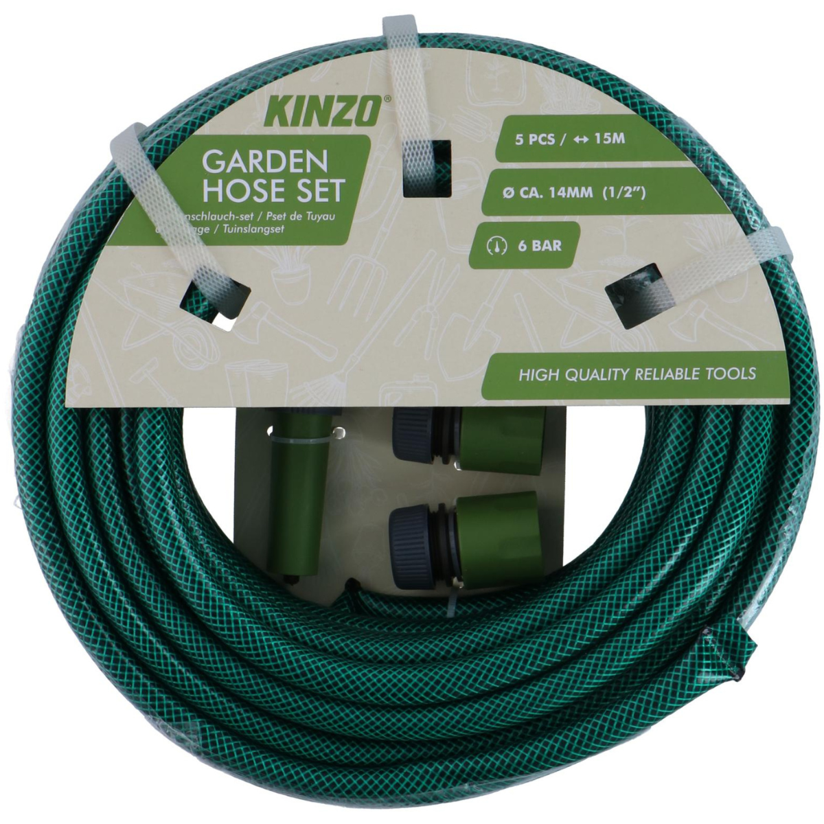 Groene Kinzo tuinslang set, 15m lang, 14mm diameter, 5 stuks.